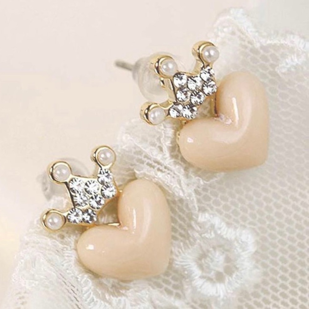 Rhinestone Crown Peach Heart Stud Earrings